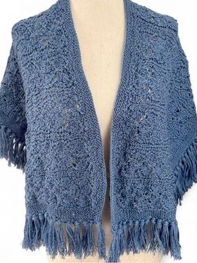 Handmade blue knitted poncho/shrug with fringe